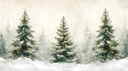 Fototapeta premium Seamless Christmas tree pattern watercolor winter forest natural greens whites frosty landscape holiday background