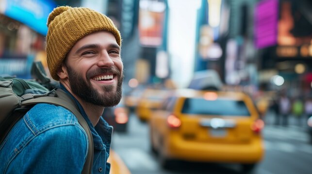 Smiling male  Foreign tourist with backpack standing at urban city street waiting for cab taxi