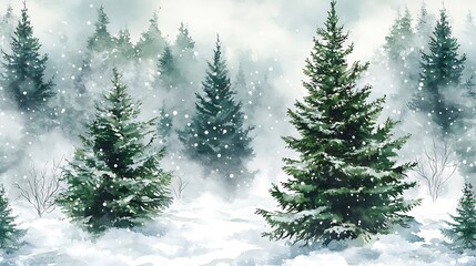 Obraz premium Watercolor seamless pattern winter forest Christmas trees frosty green white hues snow-covered branches holiday design