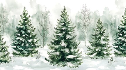 Winter forest seamless Christmas tree pattern watercolor greens whites frosty landscape holiday background