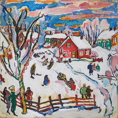 Winter Landscape with walking people. Illustration in oil painting style
