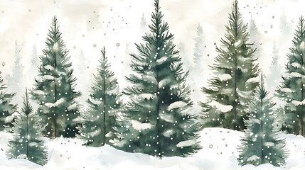 Obraz premium Winter seamless Christmas tree pattern watercolor forest greens whites snow-covered branches holiday background