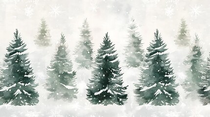 Seamless pattern winter forest Christmas trees watercolor greens whites snow branches continuous holiday background