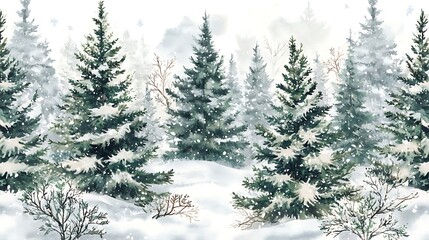 Seamless pattern winter forest Christmas trees watercolor greens whites snow branches continuous holiday background