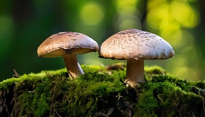 mushrooms growing in green moss covered forest.