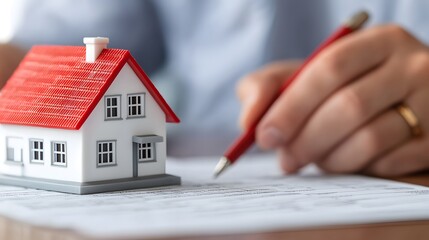 Couple Engaged in Calculating Home Loan Payments with Miniature House and Financial Documents. Property Loan and Credit Concept