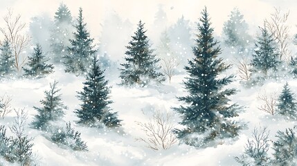 Obraz premium Seamless watercolor winter forest pattern Christmas trees greens whites frosty landscape holiday background