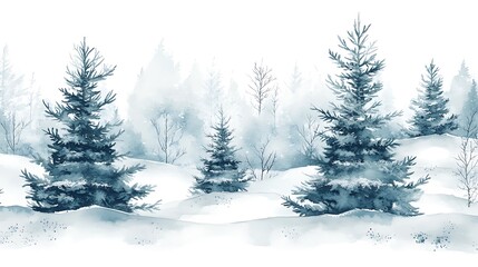 Naklejka premium Winter seamless Christmas trees pattern watercolor natural greens whites frosty landscape continuous holiday design