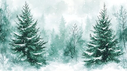 Obraz premium Winter forest seamless Christmas tree pattern watercolor greens whites snow branches holiday background