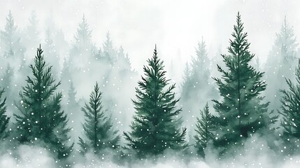 Obraz premium Winter forest seamless Christmas tree pattern watercolor greens whites snow branches holiday background