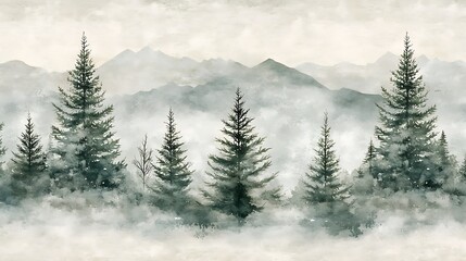 Fototapeta premium Seamless winter pattern watercolor Christmas trees natural green white hues frosty landscape holiday decor
