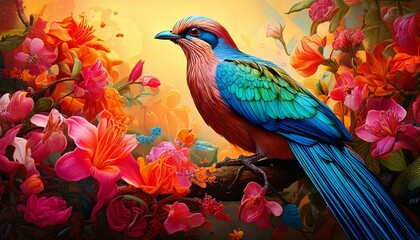 Fototapeta premium Tema de la extravagancia: la naturaleza caprichosa, la atura es un pájaras y flores