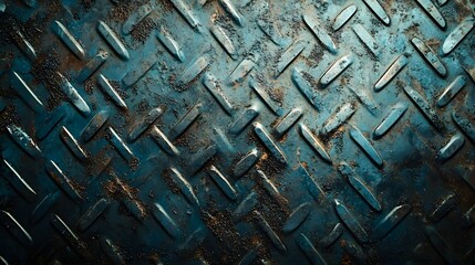 Worn checker plate in an industrial environment, overhead view, soft reflections of diffused light on textured metal diamonds, atmospheric setting
