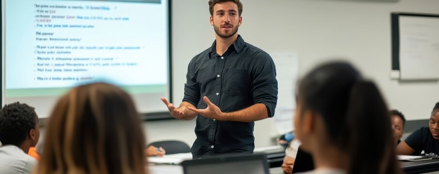Tax Specialist Offering Financial Education in Modern Classroom with Engaged Diverse Students