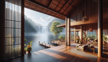 Fototapeta premium interior view of traditional Thai wooden house in the middle of waterfall surrounded by nature