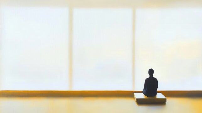 Solitary figure in modern empty cafe, staring out window with distant look, symbolizing social loneliness and introspection in urban life.