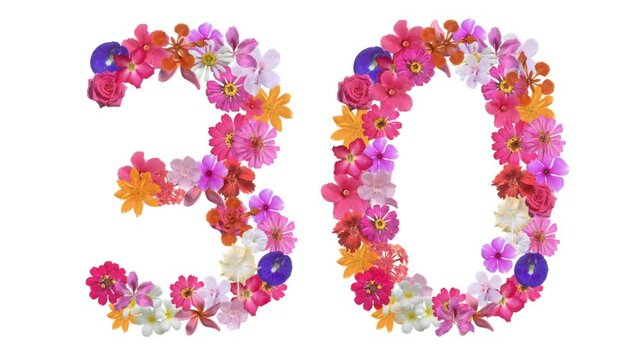 30, Video of numbers formed from growing flowers, suitable for birthday, anniversary and commemoration templates.