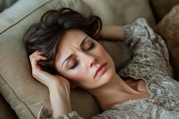 Naklejka premium Middle-aged woman lies on sofa, arm on head, feels pain and headache, suffers from high blood pressure. Fatigue female relaxes on soft pillow, sleeping tired and weak. 
