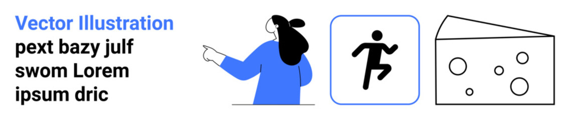 Woman in blue pointing towards text, figure running within a box, and cheese slice with holes. Ideal for business, education, sports, cooking, websites, marketing, and social media. Banner