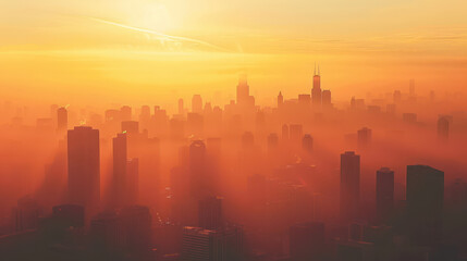 A stunning city skyline at sunset, enveloped in warm orange glow