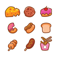 Icon Set of Snacks and Treats hand drawn cartoon art illustration