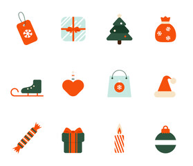 Christmas icons set. Traditional decorative elements. Cute stickers for winter holidays design. Label, Christmas tree, Santa hat, Gift bag, Gift boxes, Christmas balls, Candies. Vector illustrations