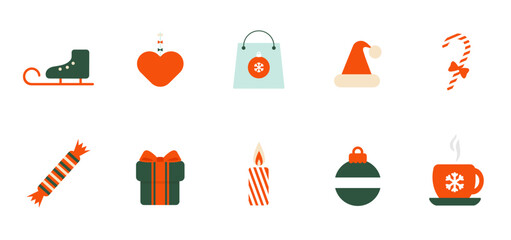 Christmas collection in flat style with traditional Christmas and New Year elements. Christmas icons good for stickers, web design, apps, social networks. Vector illustrations isolated