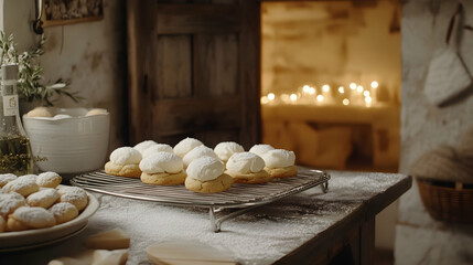 Homemade cookies with white frosting on a wire rack on a rustic kitchen counter, with a doorway and lit candles in the background.