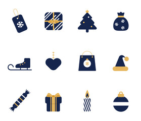 Christmas, New Year holidays icon big set. Various Christmas Decorations, Stickers, Emblems, Ornaments, Baubles. Luxury Christmas Baubles. Deep Blue and gold. Flat style collection