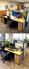 Modern Office Workspace with Plants and Cubicles.