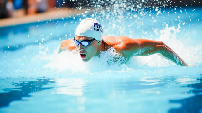 Male Swimmer Performing Butterfly Stroke in Pool, image AI Generate 