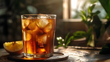  Refreshing and Sweet Iced Peach Tea in a Steamed Glass with Ice Cubes: Perfect Summer Beverage