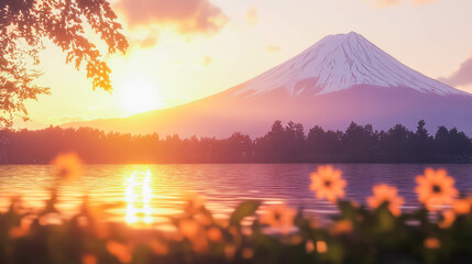 Mount Fuji at sunset, with warm sunlight reflecting on a calm lake and soft-focus flowers in the foreground. This serene landscape captures the beauty of nature and the peaceful ambiance of dusk