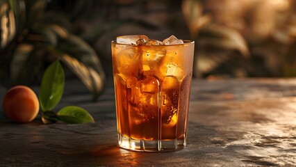  Refreshing and Sweet Iced Peach Tea in a Steamed Glass with Ice Cubes: Perfect Summer Beverage