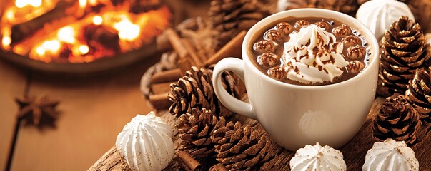 A close-up of a lit fireplace with a warm glow, a cup of hot cocoa resting on a rustic coffee table, evoking the spirit of Christmas tradition.