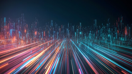 Abstract digital landscape with vibrant light trails