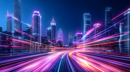 Fototapeta premium Vibrant city skyline with neon lights at night