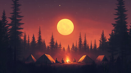 forest with tents and people sitting around a campfire, with the sun setting in the background