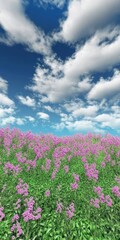 Obraz premium Purple Flower Field Under a Cloudy Sky