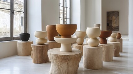 Minimalist ceramic pots displayed on rustic wooden stands in sunlit gallery