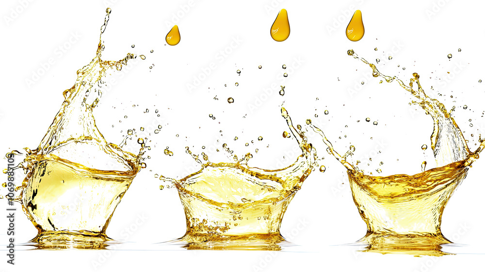 Poster yellow water splashes and droplets creating dynamic patterns on white generative ai