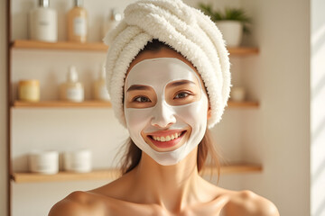Woman smiling in towel turban with skincare mask in bathroom