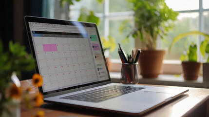 A laptop displaying calendar sits on wooden desk surrounded by plants