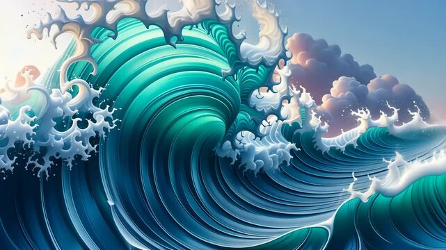 Majestic ocean waves crashing under colorful sunset skies in vivid motion