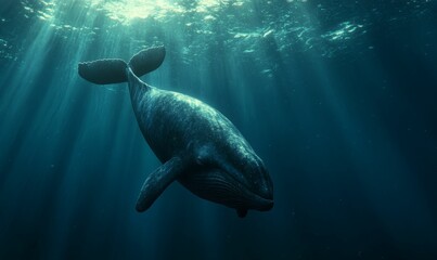 Obraz premium Whale swims through sunbeams in deep blue ocean.