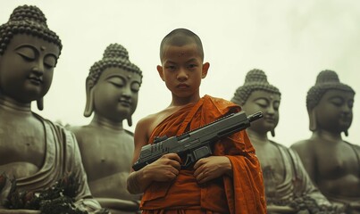 Monk holds gun in front of Buddha statues.