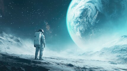Obraz premium A Cosmic Odyssey – Astronaut Stands Alone on Rocky Alien Surface, Gazing at a Massive Planet and Starry Skies in a Scene of Awe-Inspiring Space Exploration and Cosmic Beauty