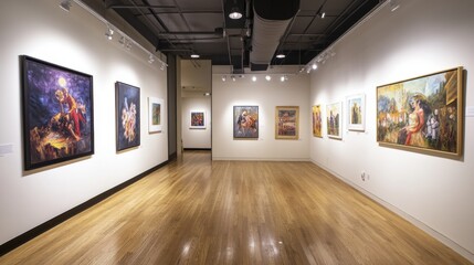 Image of a gallery, art gallery, art gallery to display the artist's paintings and artwork, show in a lighted area without people.