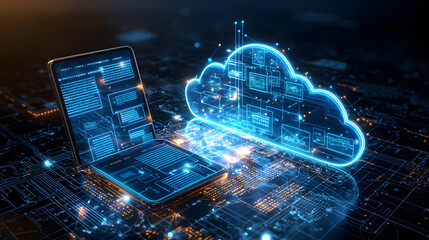 Digital cloud computing with glowing laptop interface