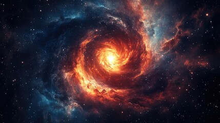 Swirling Cosmic Nebula – A Stunning Spiral of Vibrant Red, Orange, and Blue Gas Clouds in Deep Space, Illuminated by a Glowing Center, Evoking the Mysteries and Beauty of the Universe